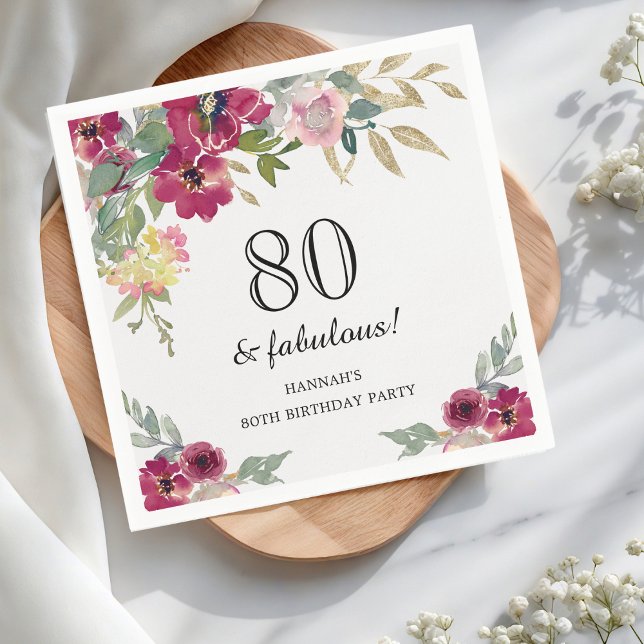 Burgundy Pink Floral 80th Birthday  Napkin (Creator Uploaded)