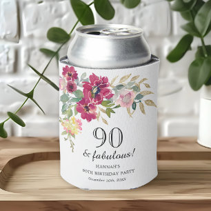 Burgundy Pink Floral 90th Birthday Can Cooler