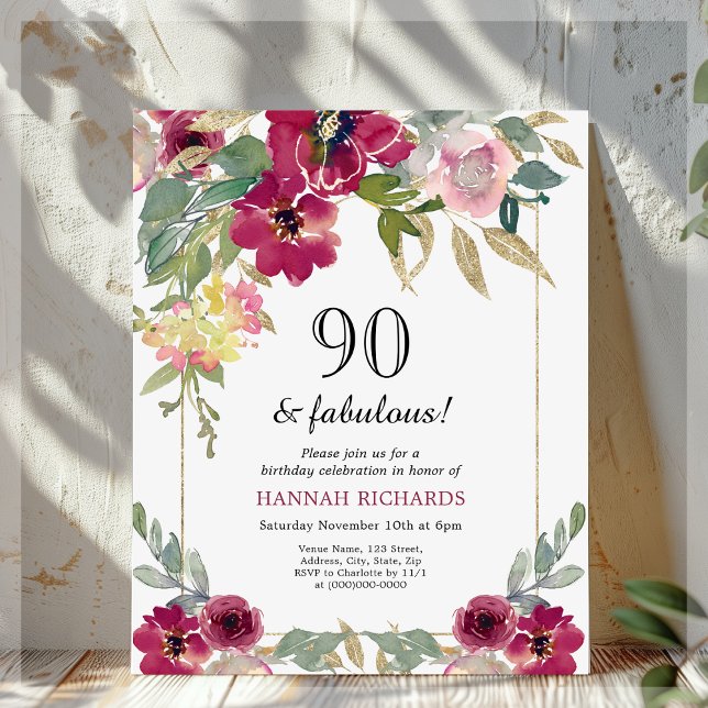 Burgundy Pink Floral 90th Birthday Invitation (Creator Uploaded)