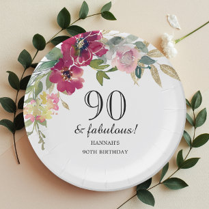 Burgundy Pink Floral 90th Birthday  Paper Plate