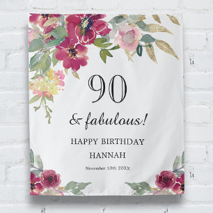 Burgundy Pink Floral 90th Birthday Tapestry
