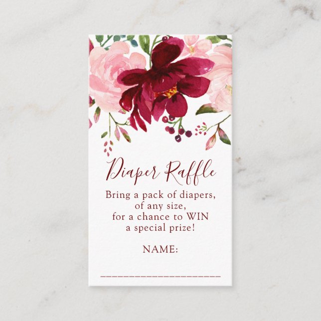 Burgundy Pink Floral  Baby Shower Diaper Raffle Enclosure Card (Front)