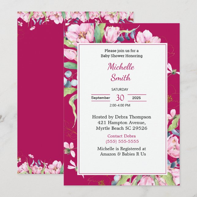 Burgundy Pink Floral Baby Shower Invitations (Front/Back)