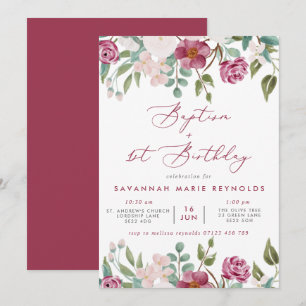 Burgundy & Pink Floral Baptism & 1st Birthday Invitation