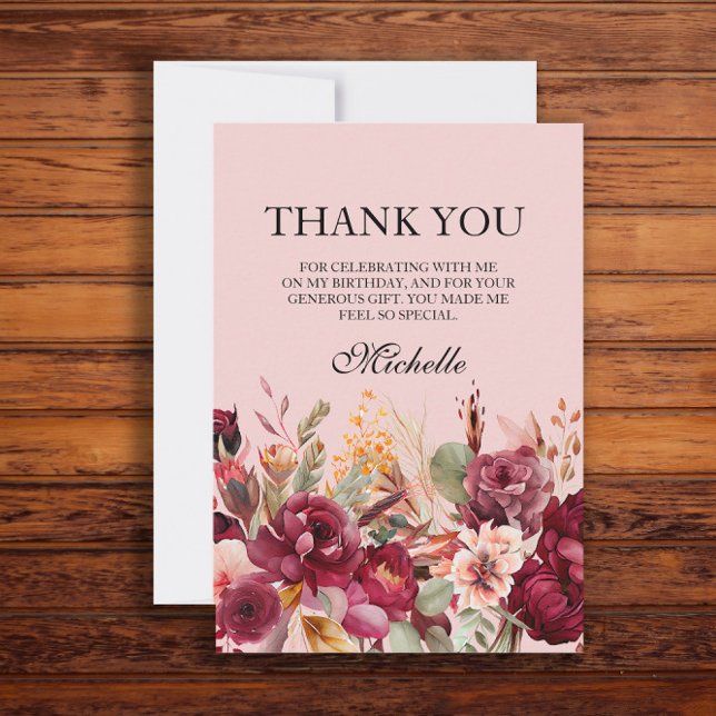 Burgundy Pink Floral Birthday  Thank You Card (Pink and burgundy floral birthday party "Thank you" card)