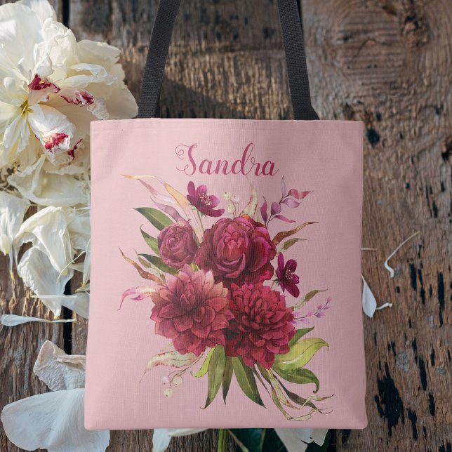 Burgundy Pink Floral Botanical Elegant Bridesmaid Tote Bag (Creator Uploaded)