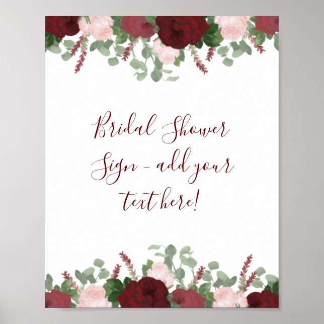 Burgundy Pink Floral Bridal Shower Decor Sign (Front)