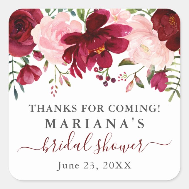 Burgundy Pink Floral Bridal Shower Favours Square Sticker (Front)