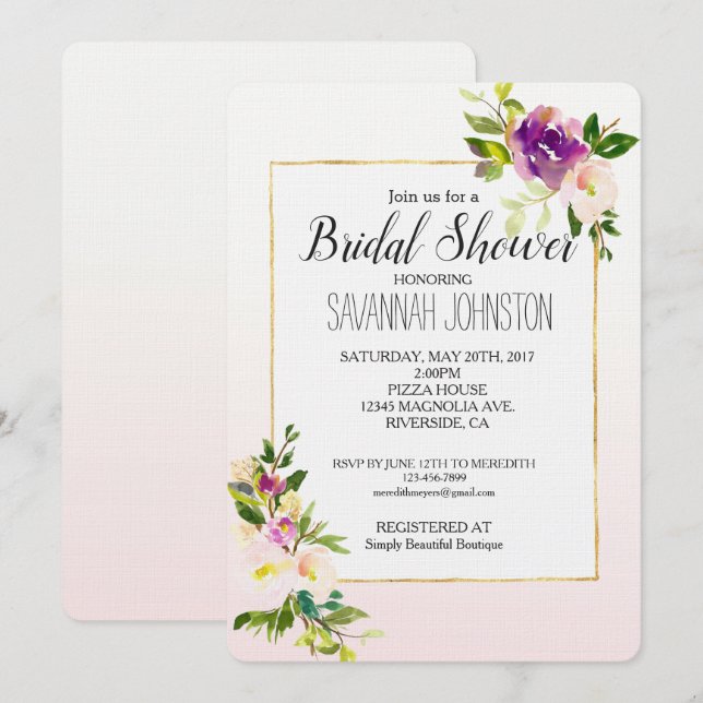 Burgundy Pink Floral Bridal Shower Invitation (Front/Back)