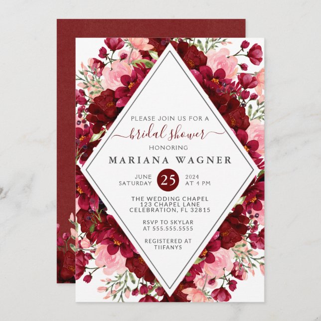 Burgundy Pink Floral Bridal Shower  Invitation (Front/Back)