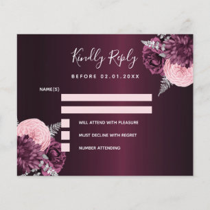 Burgundy pink floral budget wedding RSVP card