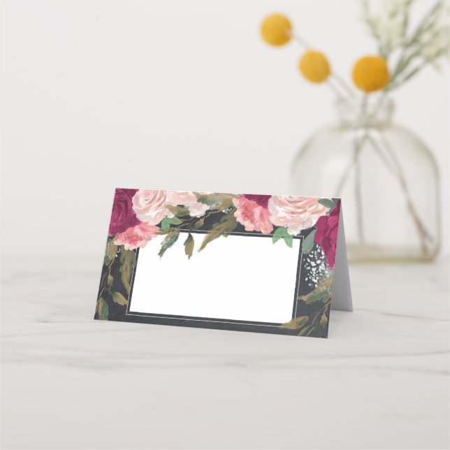 burgundy pink floral chalkboard wedding place card (Front)