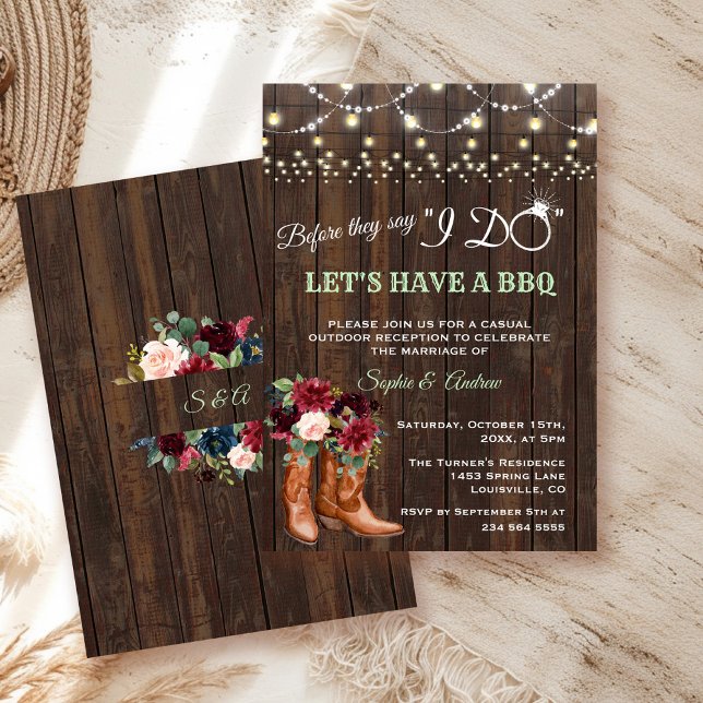 Burgundy Pink Floral Cowboy Boots Before I DO BBQ Invitation (Creator Uploaded)