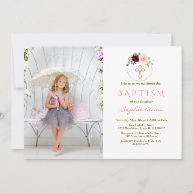Burgundy Pink Floral Cross Girl Photo Baptism Invitation (Front)