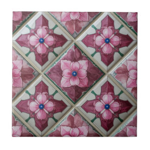 Burgundy Pink Floral Diamond Mediterranean Tile