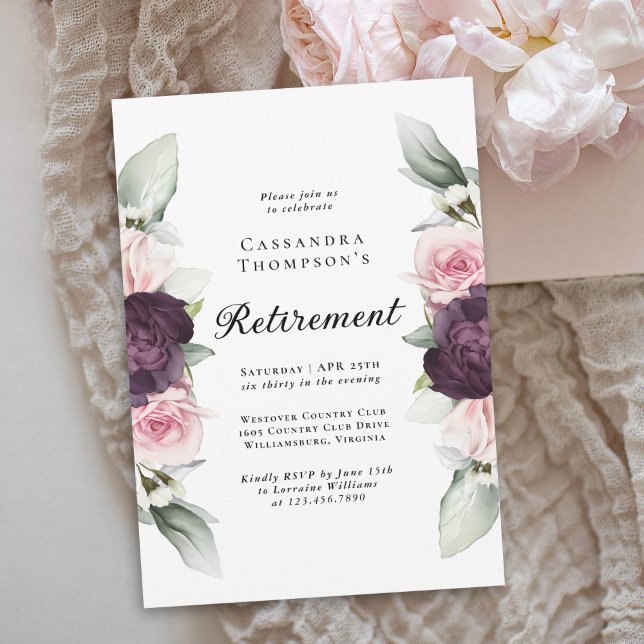 Burgundy Pink Floral Elegant Retirement Party Invitation (Available as printed and paperless digital download!)