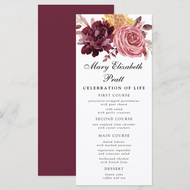 Burgundy Pink Floral Funeral Menu (Front/Back)