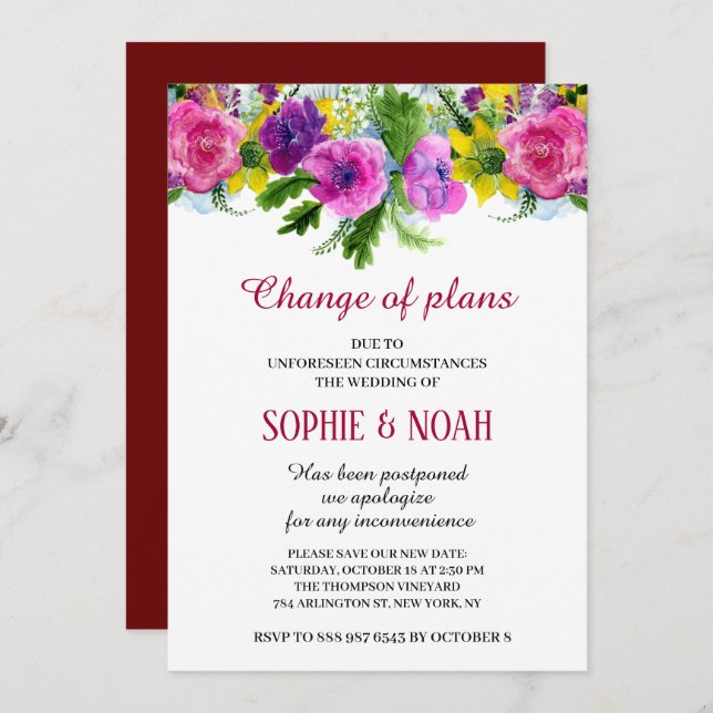 Burgundy Pink Floral Garland Rescheduled Wedding Invitation (Front/Back)