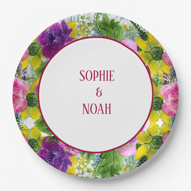 Burgundy Pink Floral Garland Rescheduled Wedding Paper Plate (Front)