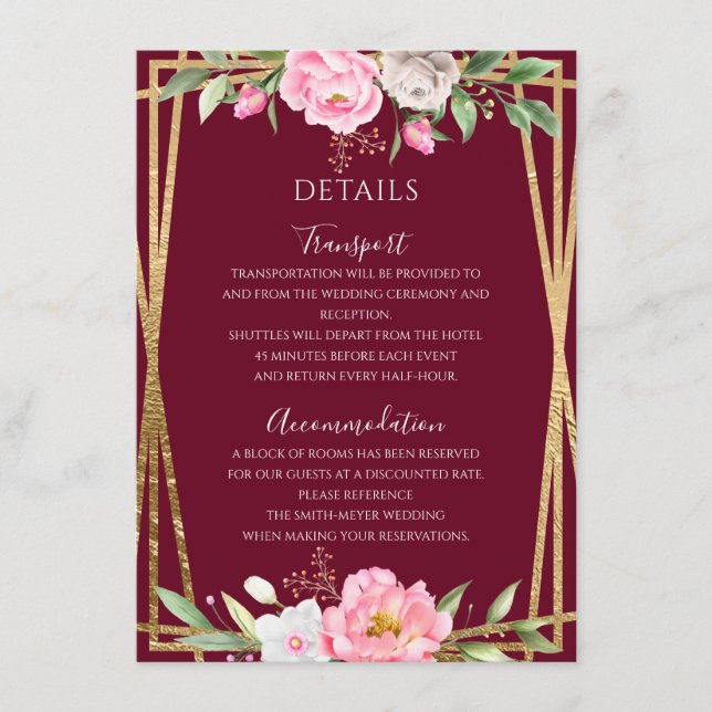 Burgundy Pink Floral Geometric Wedding Details Enclosure Card (Front)