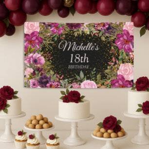 Burgundy Pink Floral Glitter Black 18th Birthday  Banner