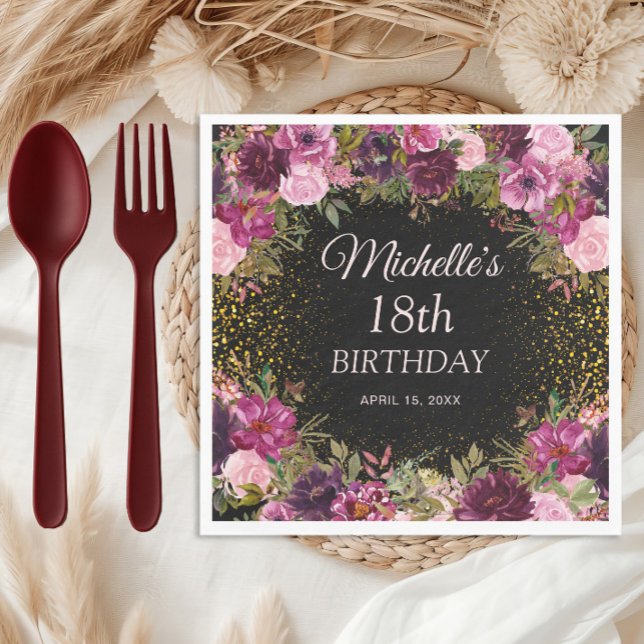 Burgundy Pink Floral Glitter Black 18th Birthday Napkin (Pink and burgundy watercolor floral on black custom birthday party paper napkins)