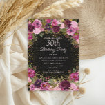 Burgundy Pink Floral Glitter Black 30th Birthday Invitation<br><div class="desc">Elegant and romantic pink,  burgundy,  and purple watercolor vintage floral and foliage on black custom 30th birthday party invitation with gold glitter.  Personalised with the name of the guest of honour.</div>