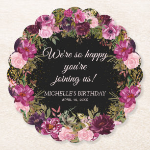 Burgundy Pink Floral Glitter Black Birthday Paper Coaster