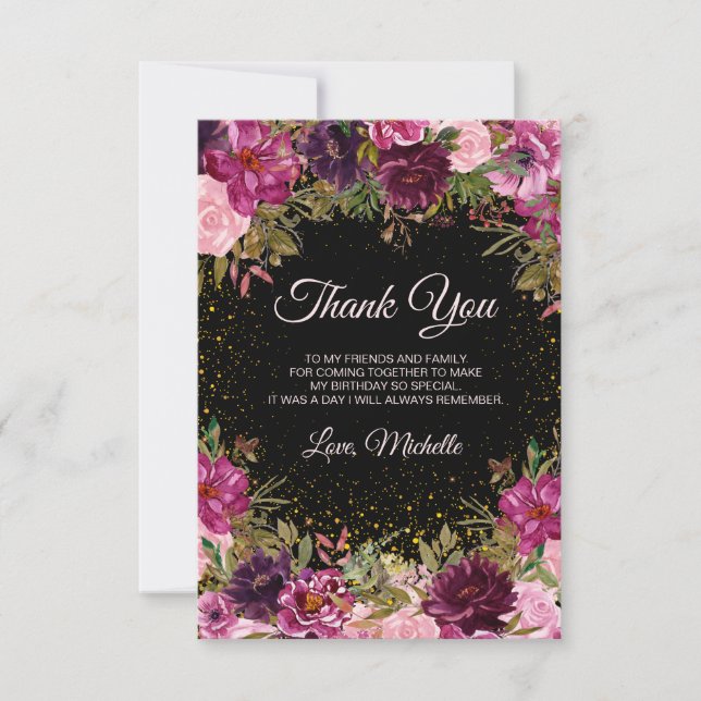 Burgundy Pink Floral Glitter Black Birthday  Thank You Card (Front)