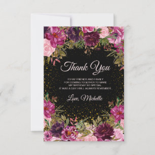 Burgundy Pink Floral Glitter Black Birthday  Thank You Card