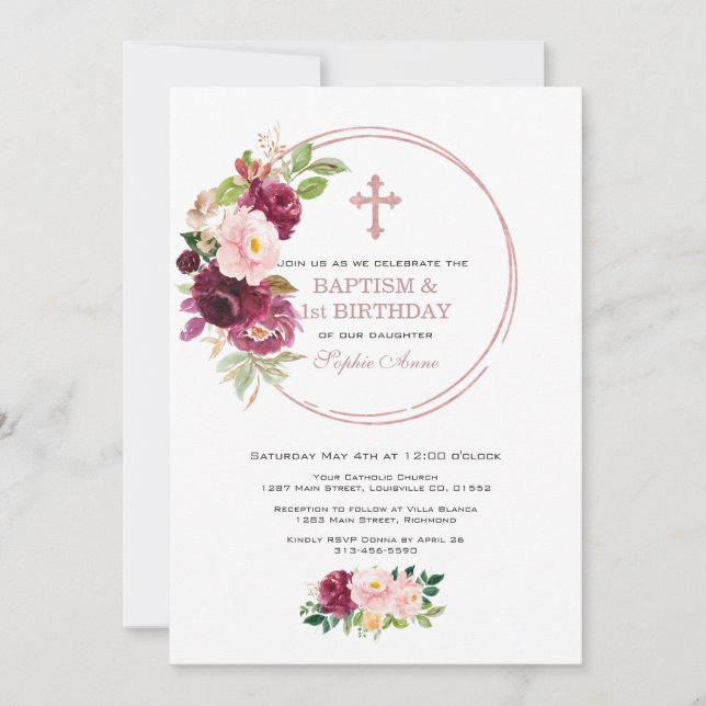Burgundy Pink Floral Gold 1st Birthday & Baptism Invitation (Front)