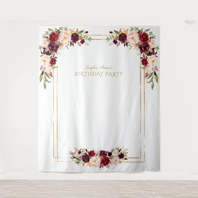 Burgundy Pink Floral Gold Birthday Photo Booth Tapestry (Front)