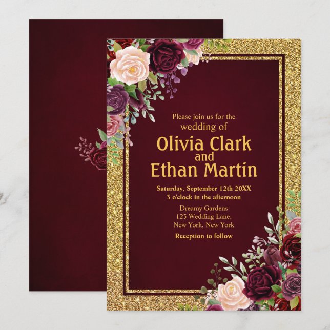 Burgundy Pink Floral Gold Frame Invitation (Front/Back)
