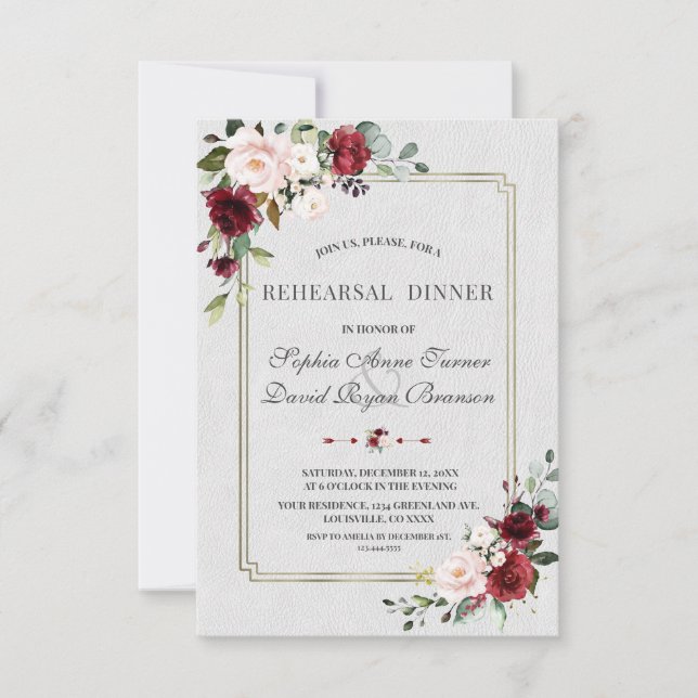 Burgundy Pink Floral Gold Frame Rehearsal Dinner Invitation (Front)