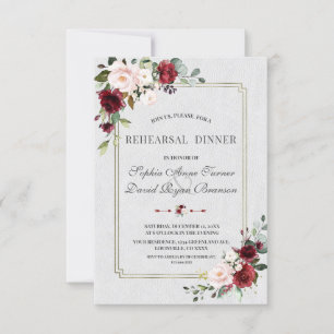Burgundy Pink Floral Gold Frame Rehearsal Dinner Invitation