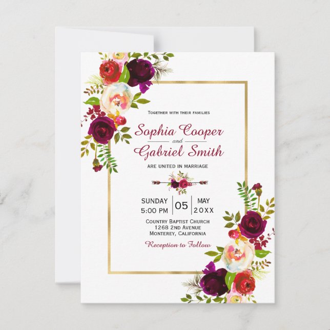 Burgundy Pink Floral Gold Frame Wedding Invitation (Front)