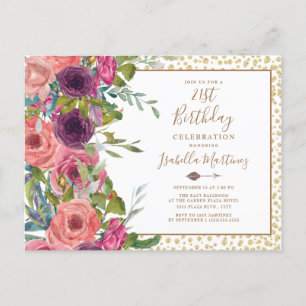 Burgundy Pink Floral Gold Glitter 21st Birthday Invitation Postcard