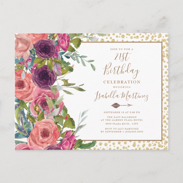 Burgundy Pink Floral Gold Glitter 21st Birthday Invitation Postcard (Front)