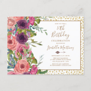 Burgundy Pink Floral Gold Glitter 30th Birthday Invitation Postcard