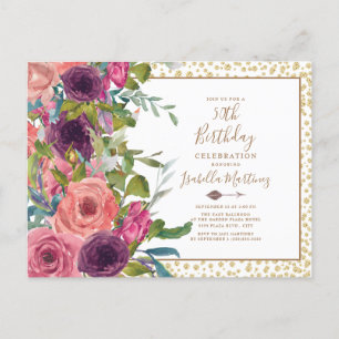 Burgundy Pink Floral Gold Glitter 50th Birthday Invitation Postcard