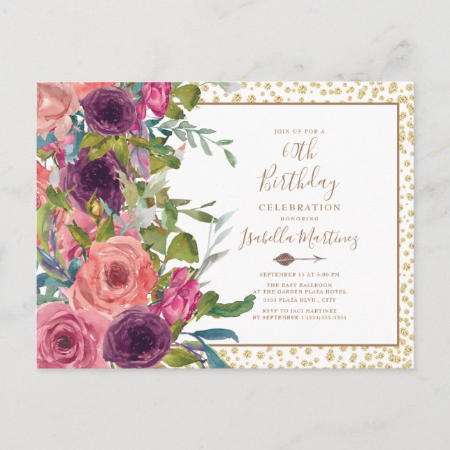 Burgundy Pink Floral Gold Glitter 60th Birthday Invitation Postcard (Front)