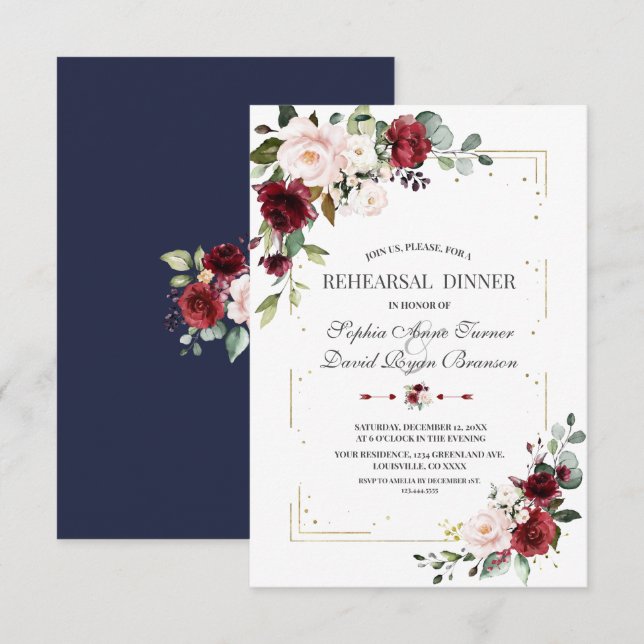 Burgundy Pink Floral Gold Glitter Rehearsal Dinner Invitation (Front/Back)