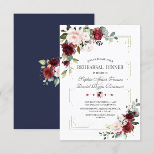 Burgundy Pink Floral Gold Glitter Rehearsal Dinner Invitation