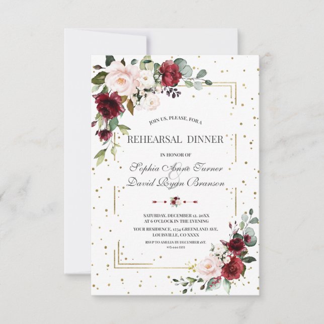 Burgundy Pink Floral Gold Glitter Rehearsal Dinner Invitation (Front)