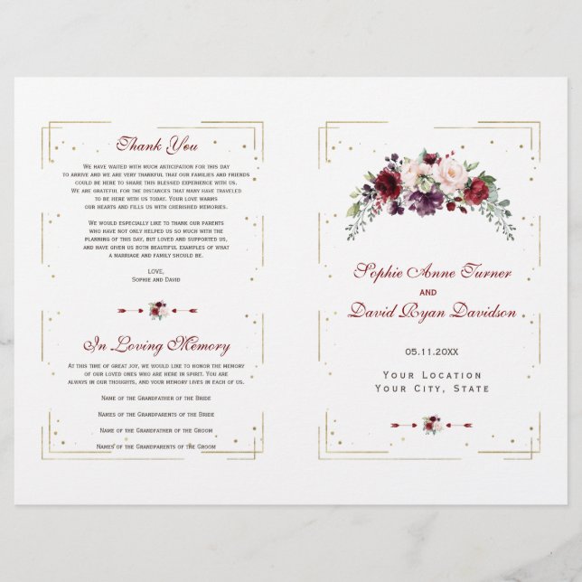 Burgundy Pink Floral Gold Glitter Wedding Program (Front)