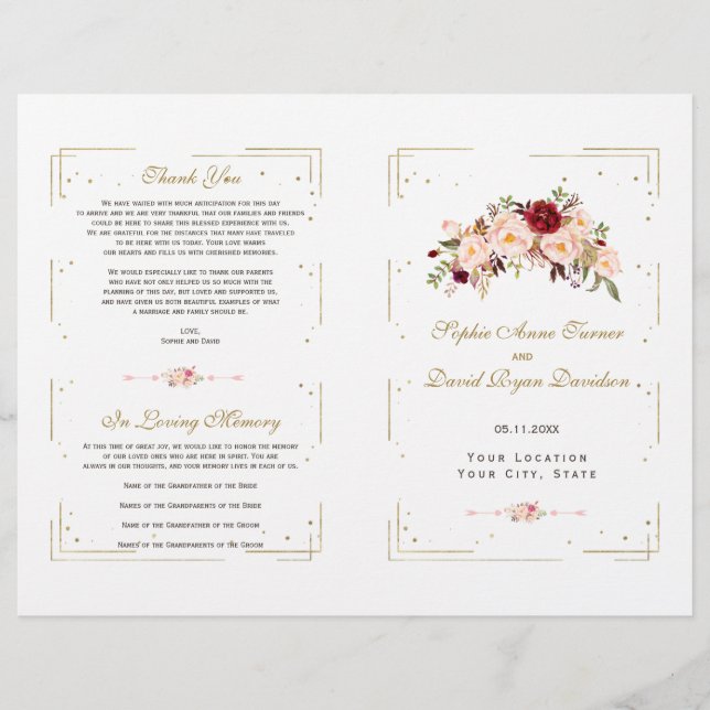 Burgundy Pink Floral Gold Glitter Wedding Program (Front)