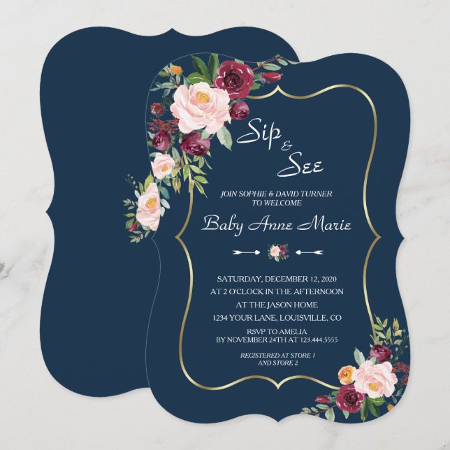 Burgundy Pink Floral Gold Navy Baby Shower Invitation (Front/Back)