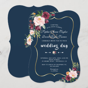 Burgundy Pink Floral Gold Navy Blue Wedding Invitation