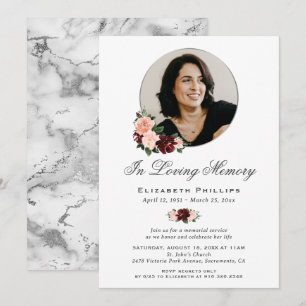 Burgundy Pink Floral Marble Photo Memorial Funeral Invitation