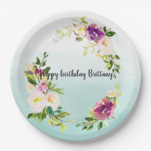 Burgundy Pink Floral Mint Ombre watercolor Paper Plate